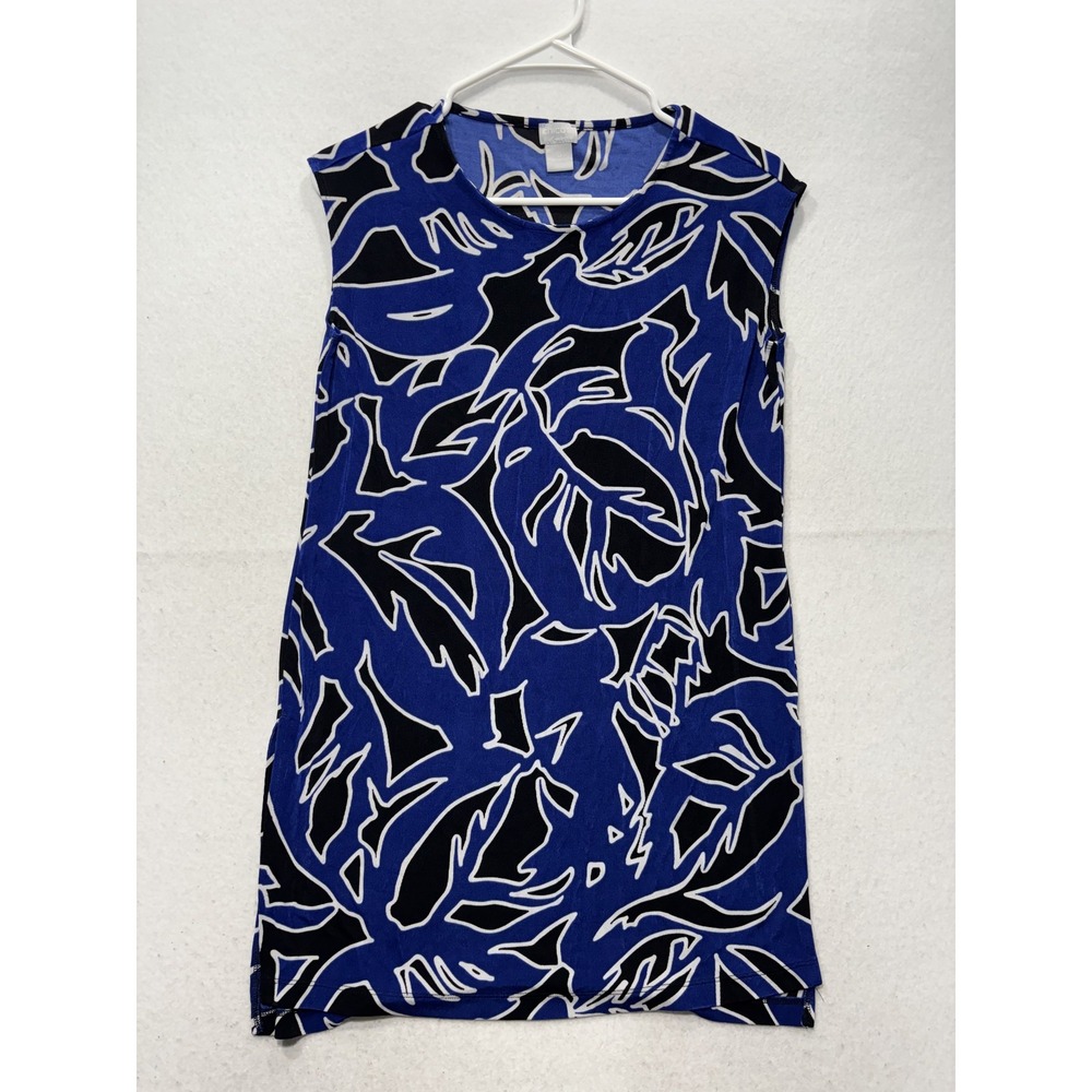 Chico's Travelers Dress Womens 0 Blue Floral Scoop Neck Sleeveless Shift Short